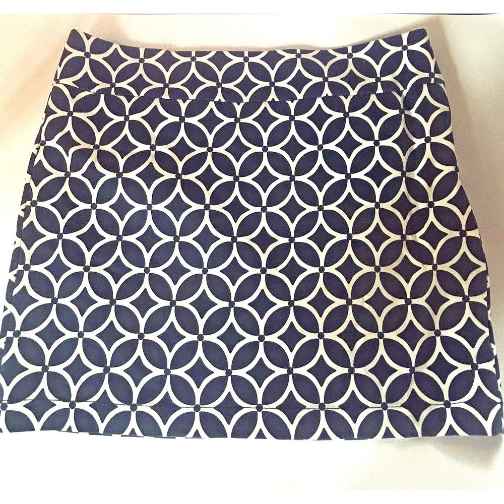 BANANA REPUBLIC Geometric Navy & White Stretch Midi Pencil Skirt Size 12 - Picture 2 of 7